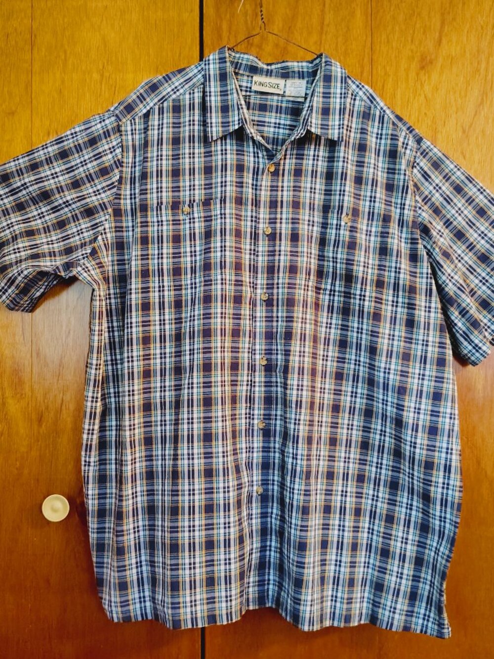 King Size Men's 3XL Shirt Blue Plaid Short Sleeve Button Front